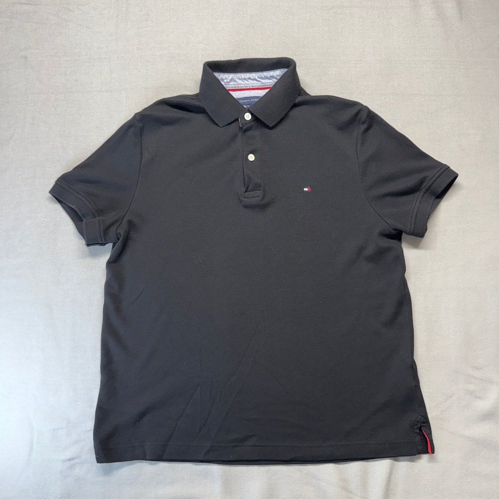 Tommy Hilfiger Cotton Polo Shirt Embroidered Logo Mens Small Black Preppy